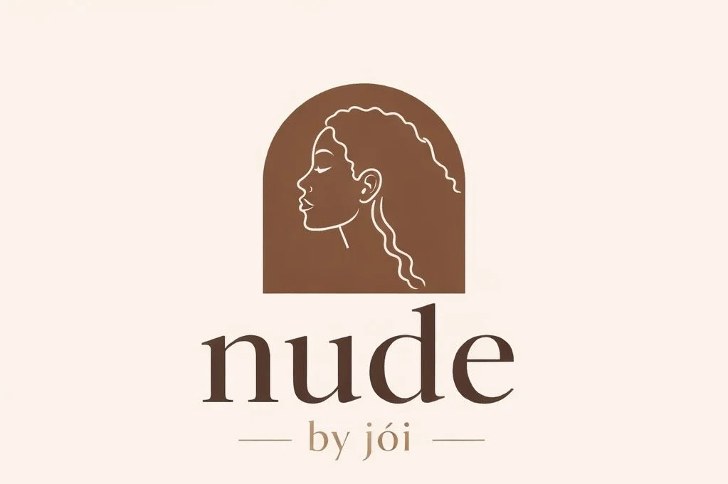 Logo for 'Nude by Jói' featuring a line drawing of a woman's side profile with curly hair inside a brown arched shape on a beige background.