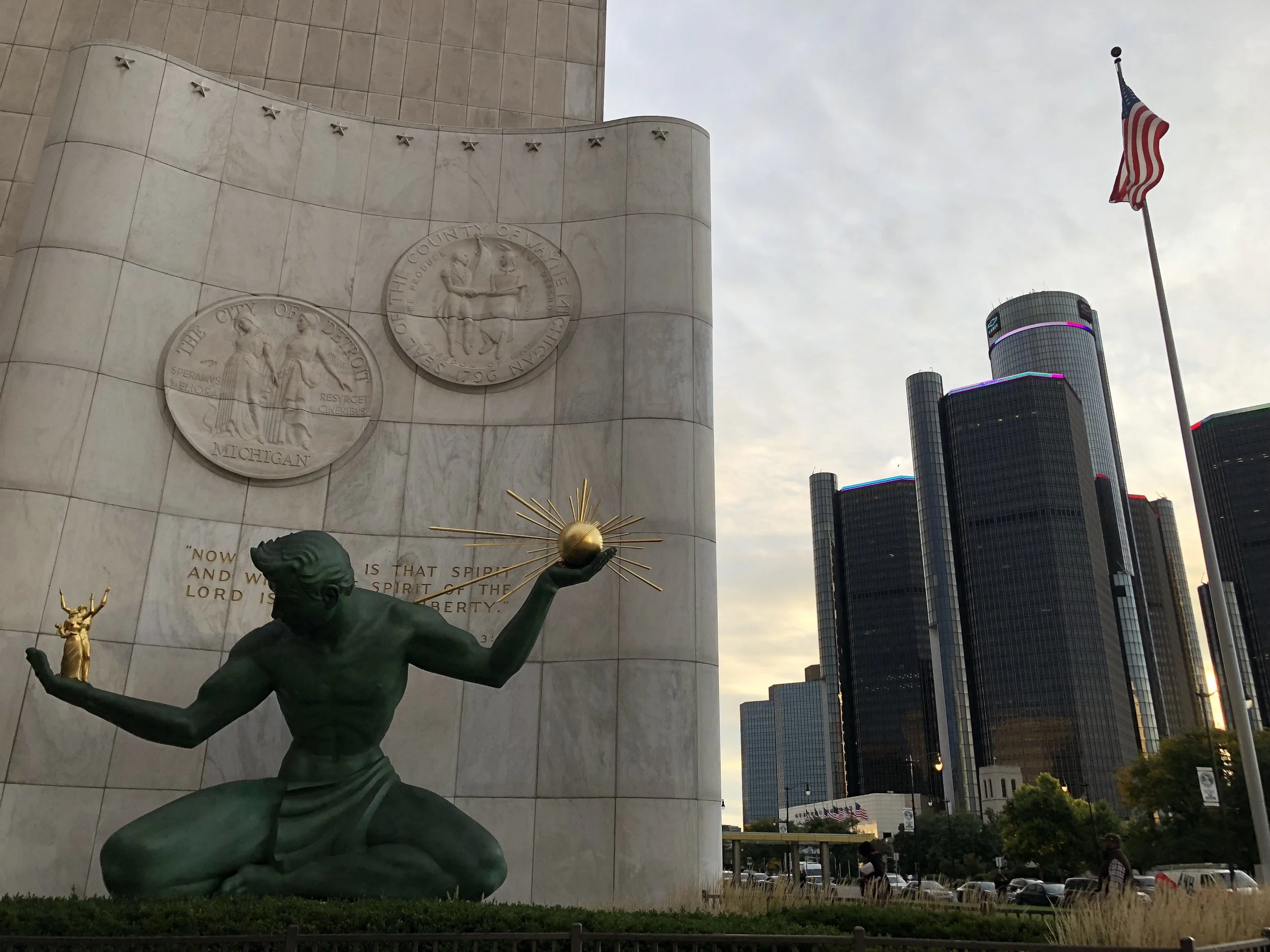 The Spirit of Detroit and Renaissance Center in Detroit, MI.