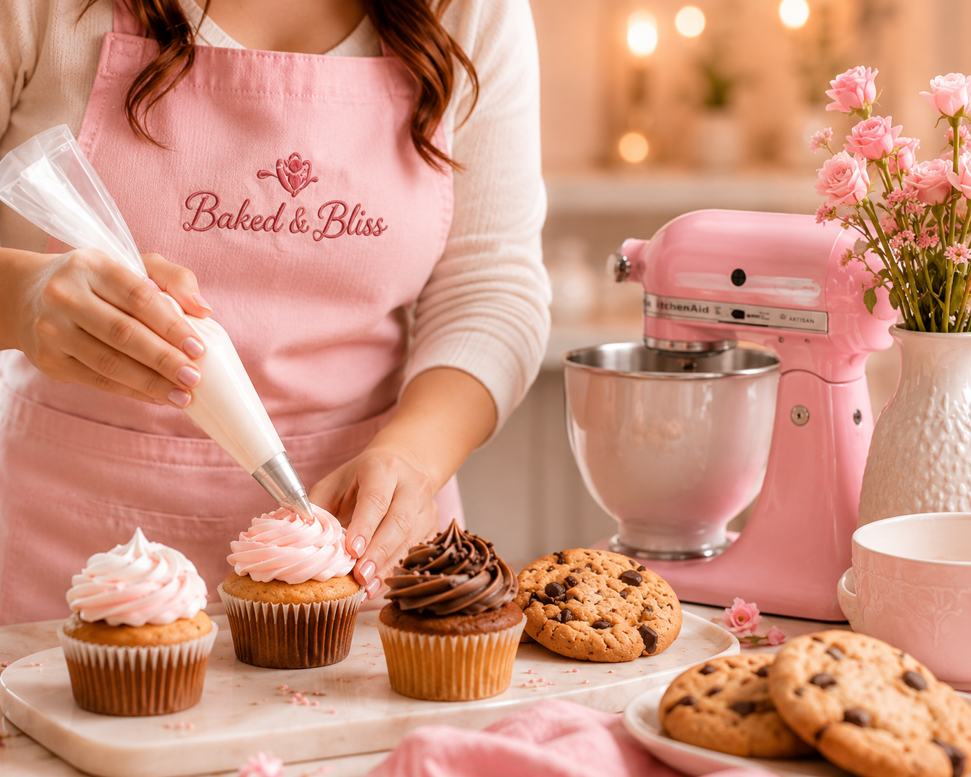 A woman wearing a pink apron with reading 'Baked & Bliss' is decorating cupcakes with pink frosting, surrounded by cookies, a pink stand mixer, and a vase of pink flowers in a cozy kitchen.