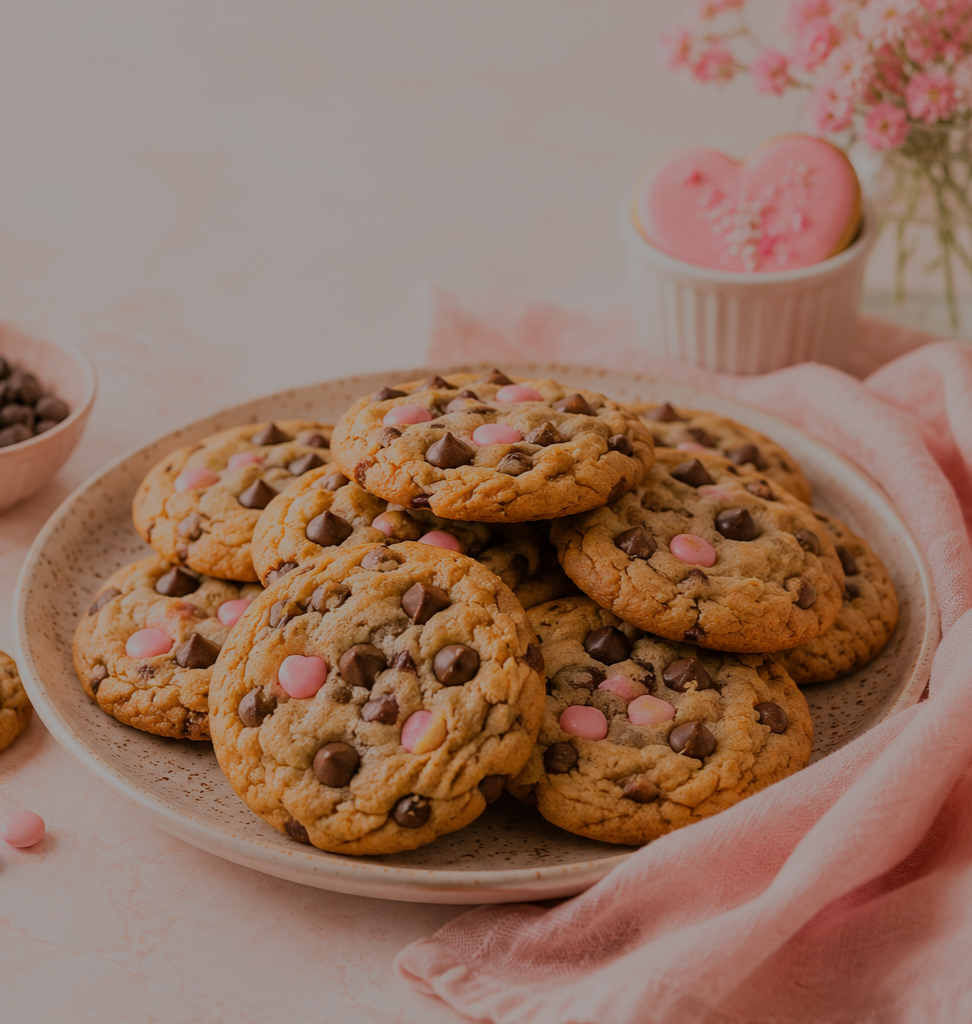 Plate of chocolate chip cookies with pink and white candy pieces, small bowl with dark chocolate chips, and a cup with pink heart-shaped cookies, pink flowers, and a pink cloth in the background.