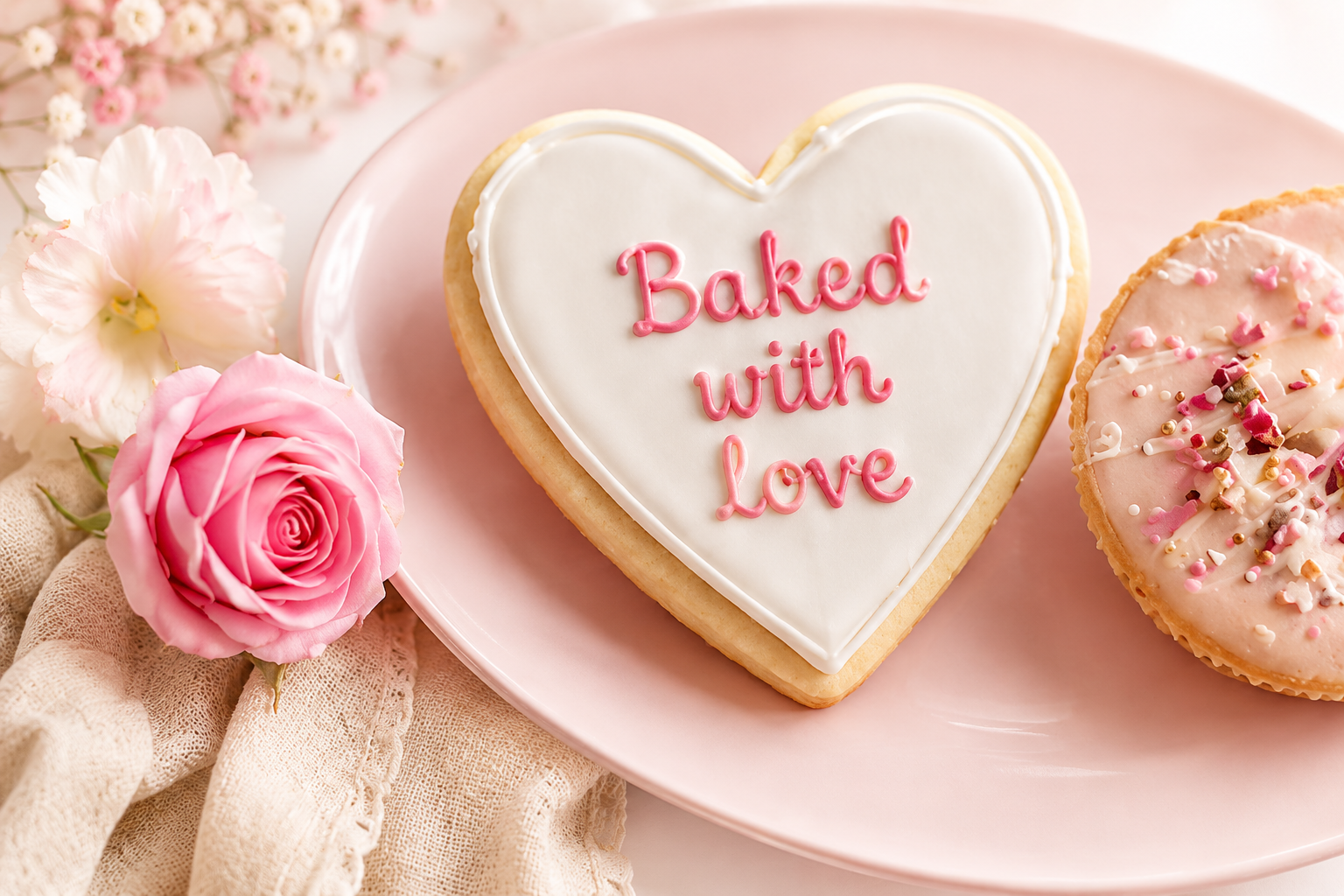 Heart-shaped cookie with white icing and pink lettering that says 'Baked with Love' on a pink plate, surrounded by pink roses and flowers.