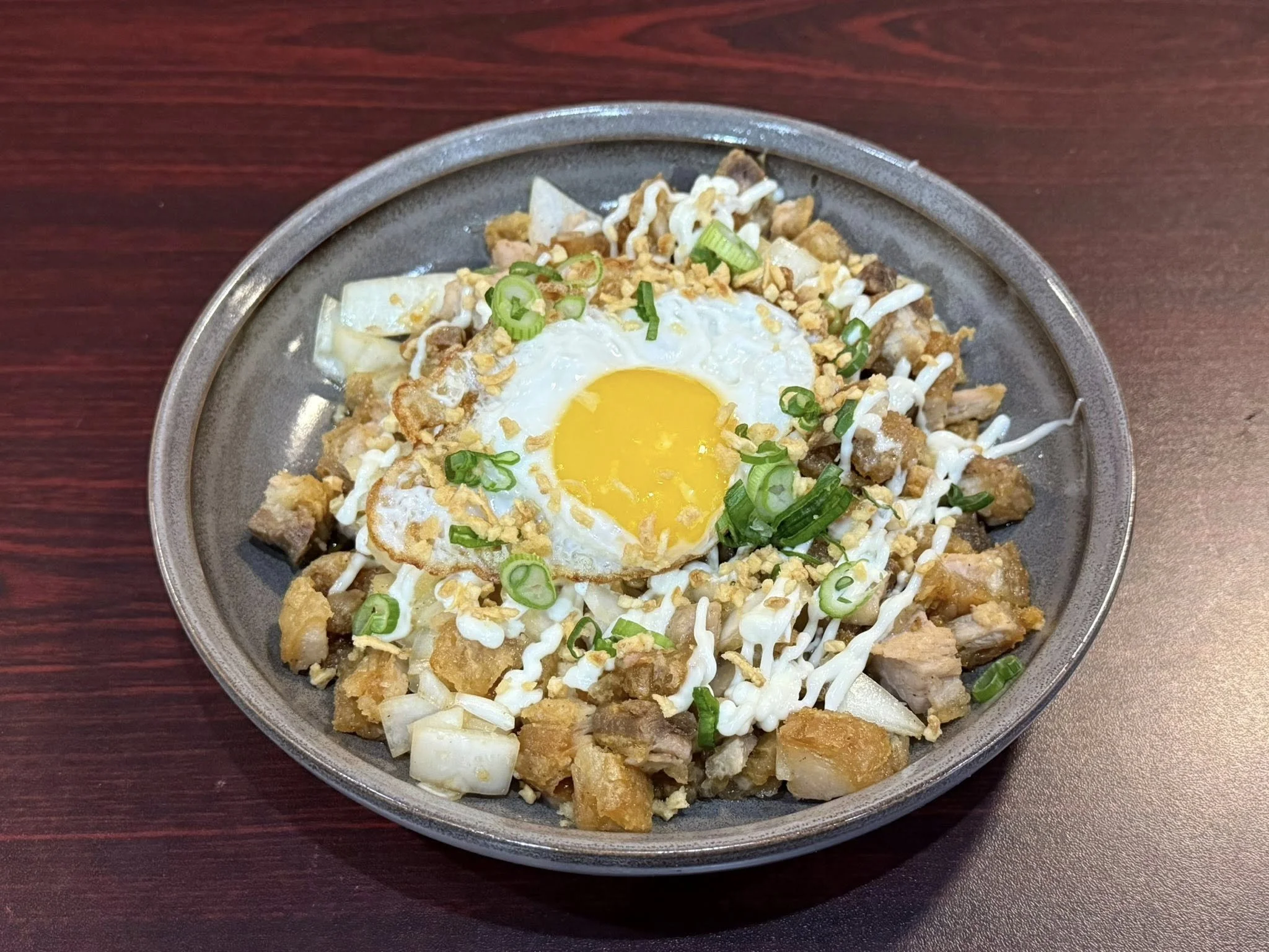 A plate of food with diced meat, chopped green onions, a fried egg, chopped white onions, and some drizzled sauce.