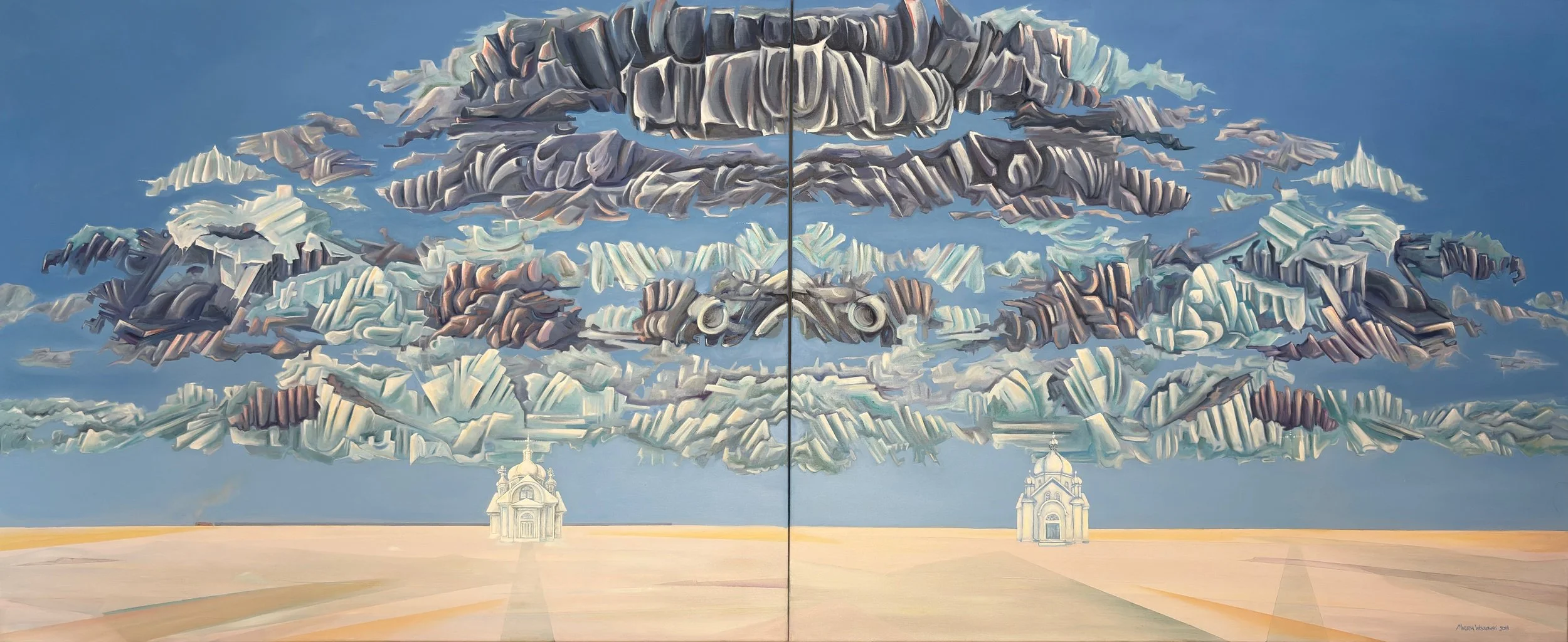 Somewhere Between Here and Heaven 2018 & 2025 Oil on canvas, 40x96 inches (diptych)