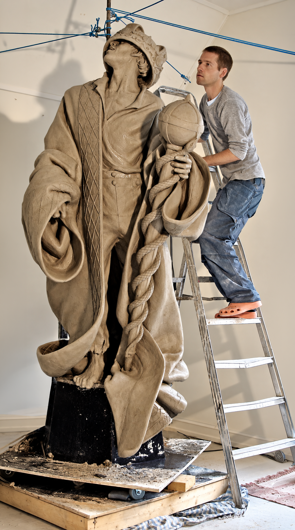 skulpturen Keiseren som leire under arbeid i atelier i kunsterleiligheten i Norsk Billedhoggerforening med skulptør Frode Lillesund.