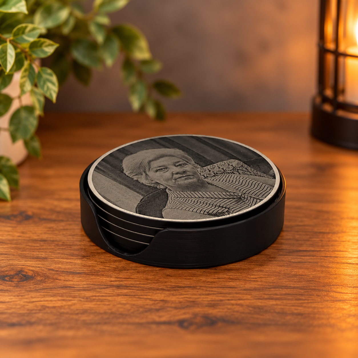 Warm Portrait Coasters on a Wooden Table.png