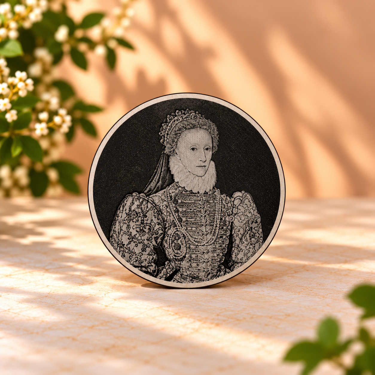 Elizabethan Engraving Coaster in Sunlight.png