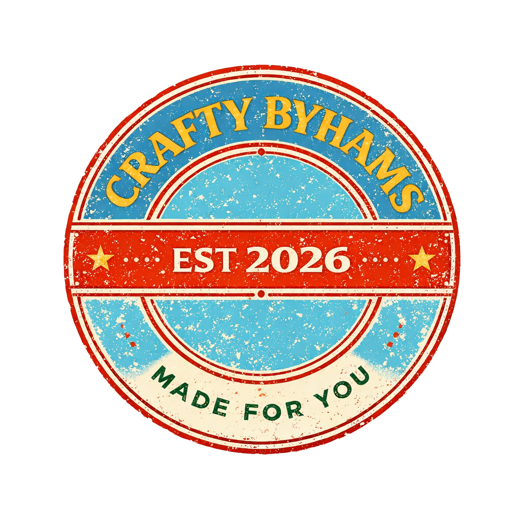 A circular logo with a vintage design that reads "Crafty ByHams," "EST 2026," and "Made For You," featuring red, blue, green, yellow, and cream colors with stars and a distressed texture.