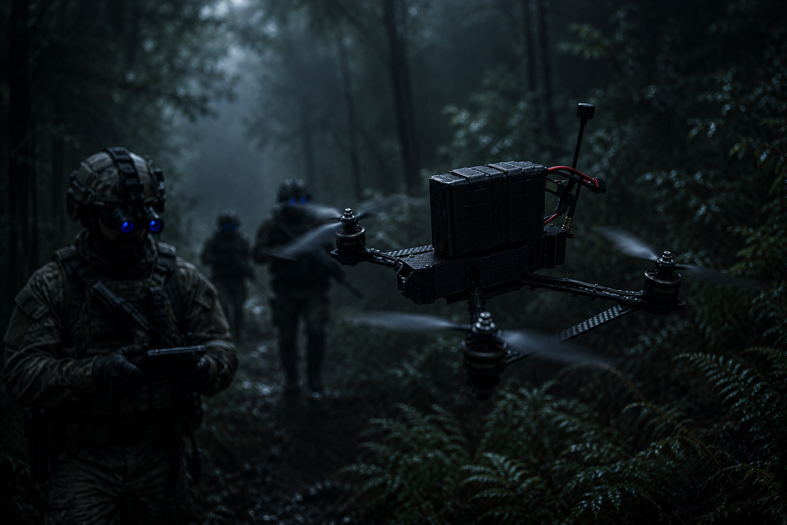 Soldiers in camouflage gear and night vision goggles operating a drone in a foggy forest.
