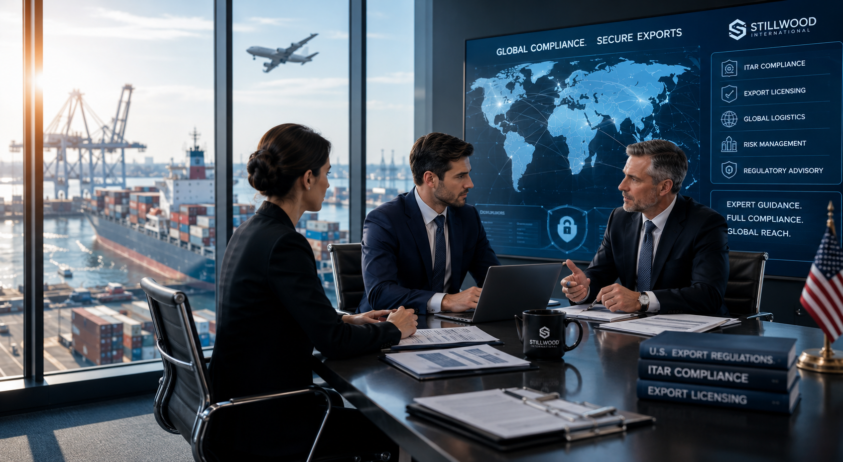 Business meeting with three professionals in a conference room overlooking a harbor with cargo ships, dock cranes, and an airplane flying overhead. A large screen displays a world map and compliance information, with 'Stillwood International' branding.