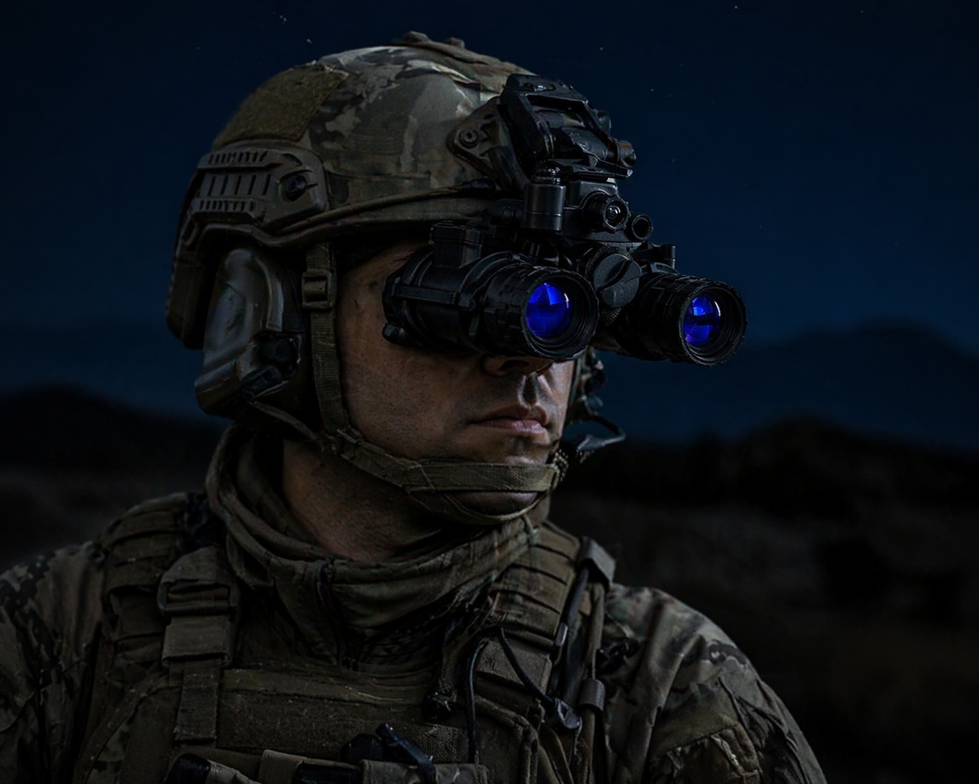 A soldier wearing camouflage gear and a helmet with night vision goggles, standing in a dark outdoor environment.