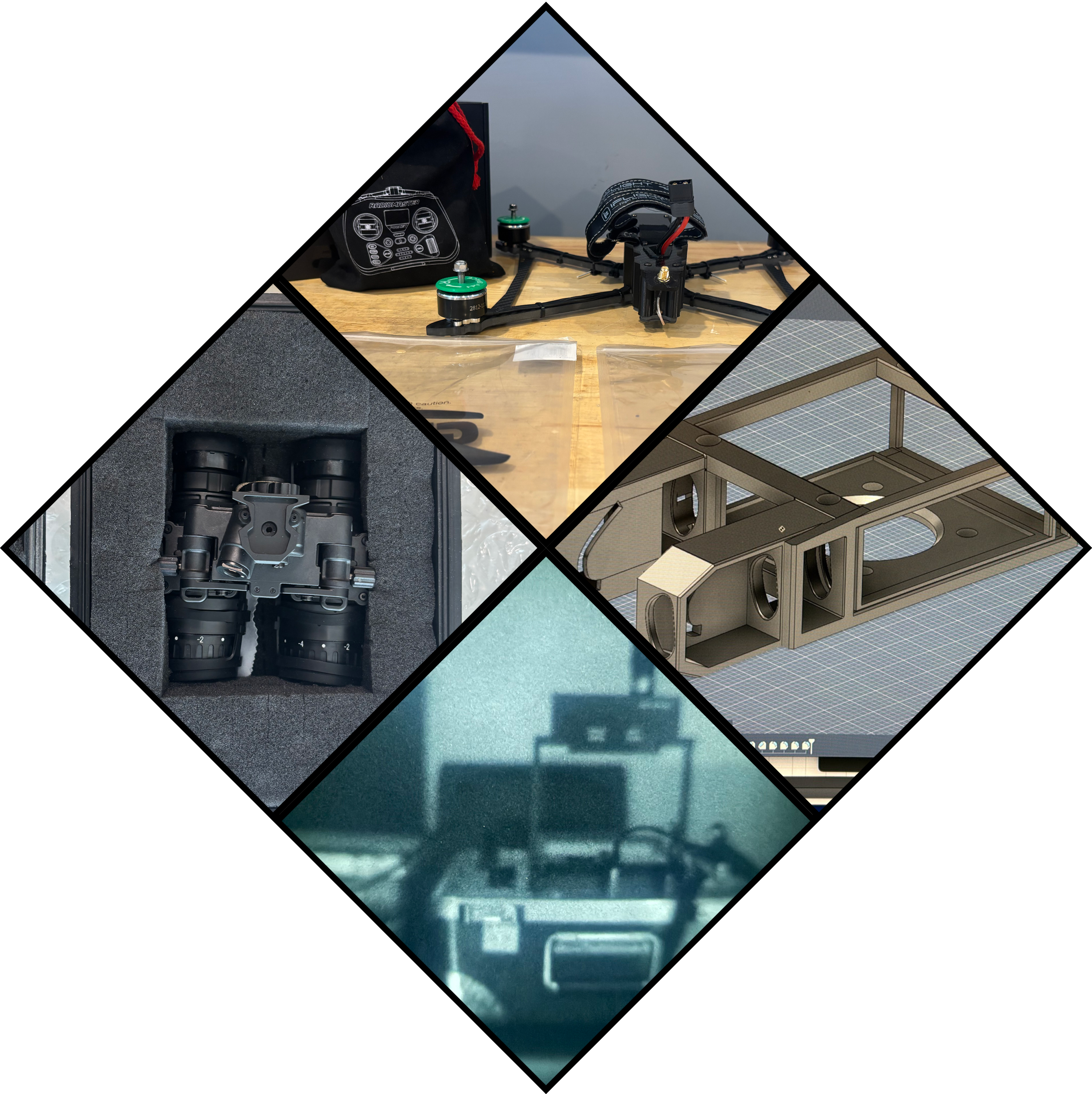 a Collage of 4 photos. The first photo is a close-up of a drone's flight controller, wiring, extra propellers, and the body itself. A night vision binocular inside a black case. Fusion 360 model of a drone component. A Hoffman ANV-126 Machine