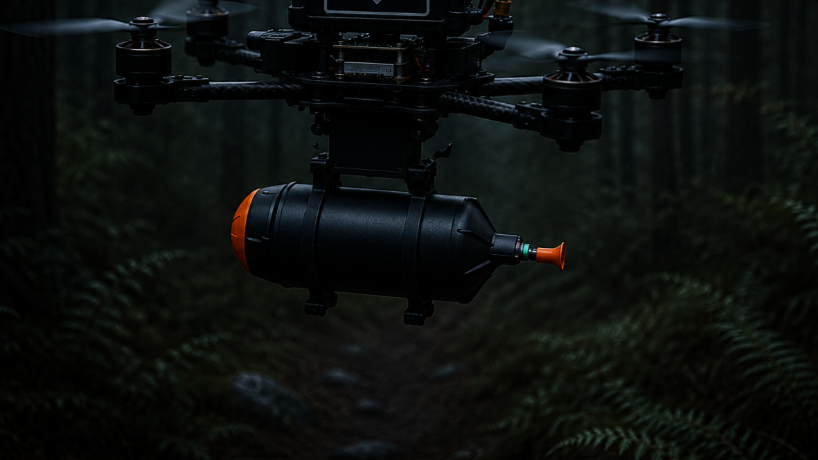 Close-up of a camera gimbal stabilizer mounted on a drone in a forest setting during low light.