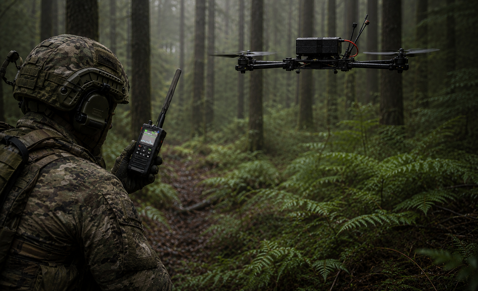 A soldier in camouflage gear operating a remote control in a forest while a drone flies nearby.