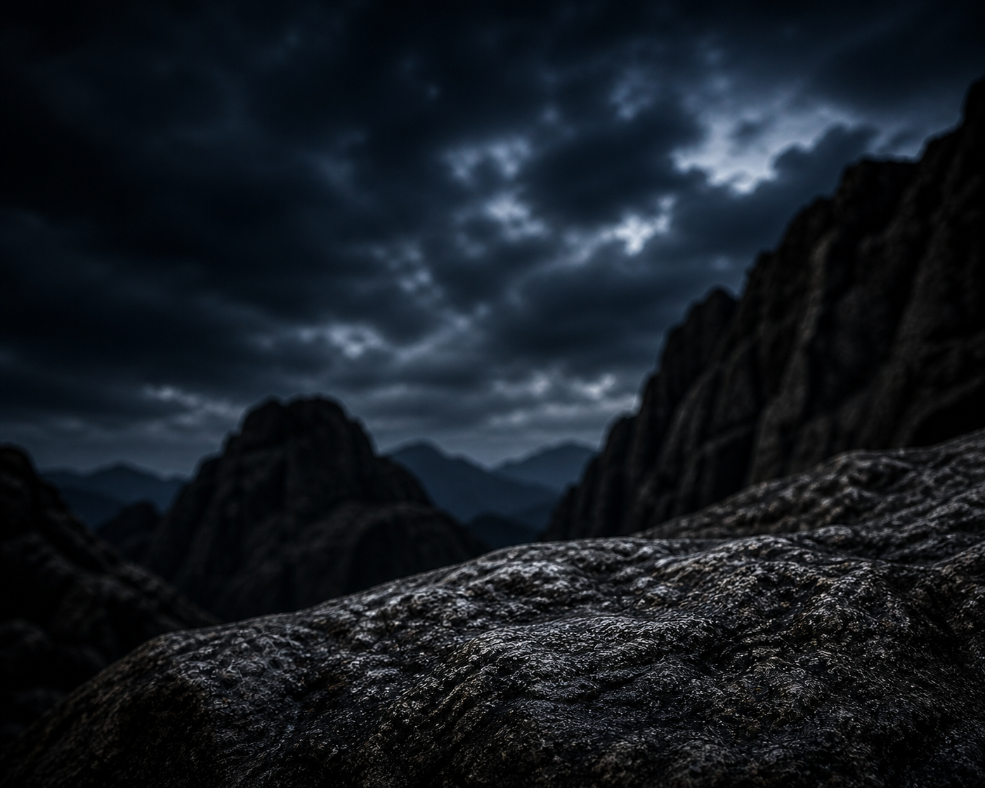 Dark, cloudy sky over rugged mountain landscape with rocky foreground.