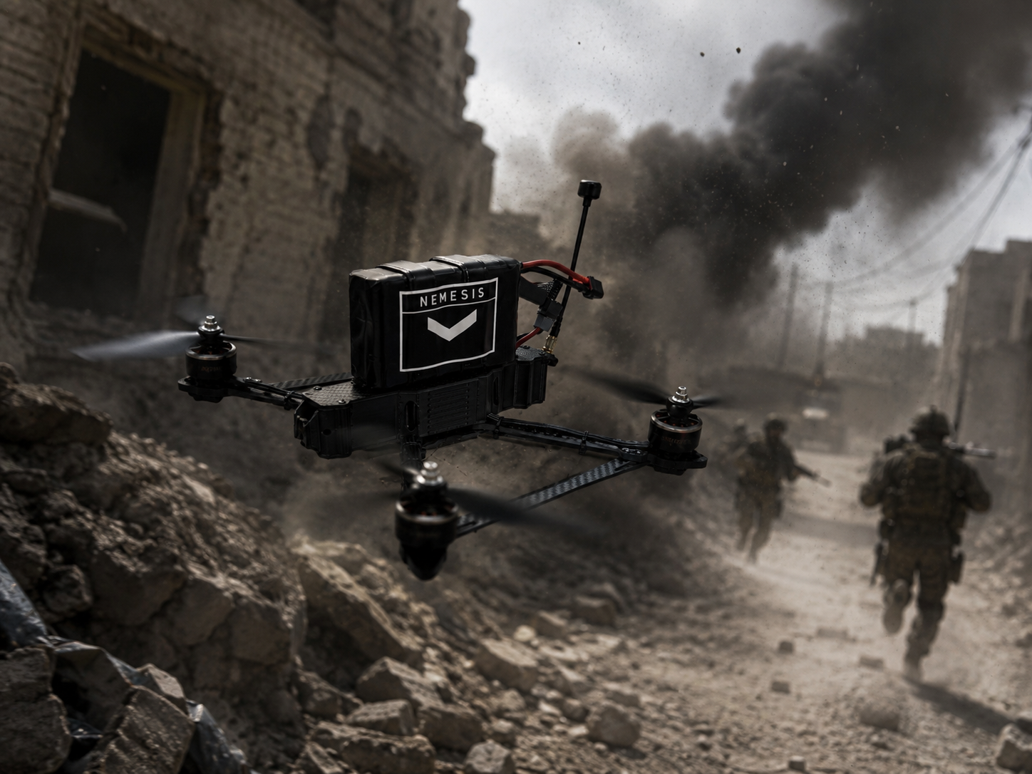 A drone flying over a war-torn street with soldiers in the background, smoke rising from buildings, and debris on the ground.