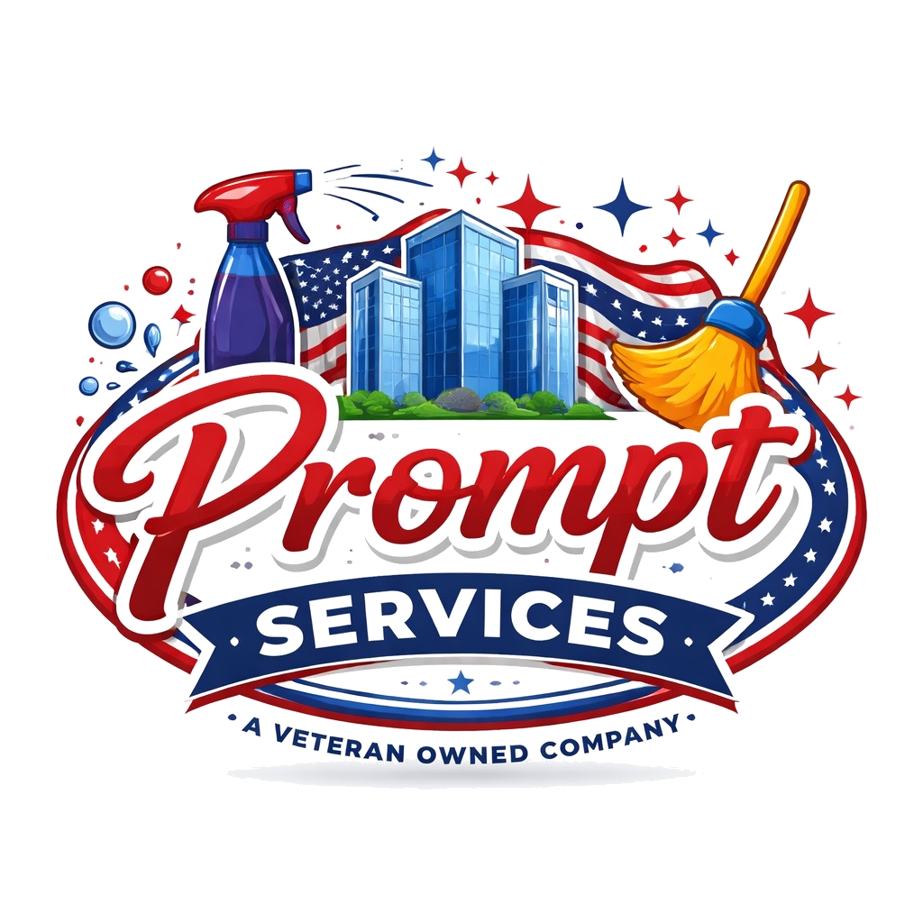 Logo for Prompt Services, a veteran-owned company, featuring cleaning supplies, a broom, and a cityscape with American flag elements.