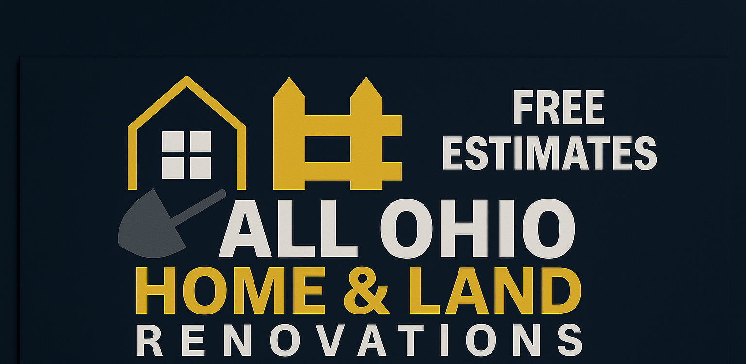 Graphic advertisement offering free estimates for home and land renovations in Ohio, featuring stylized house and construction images.