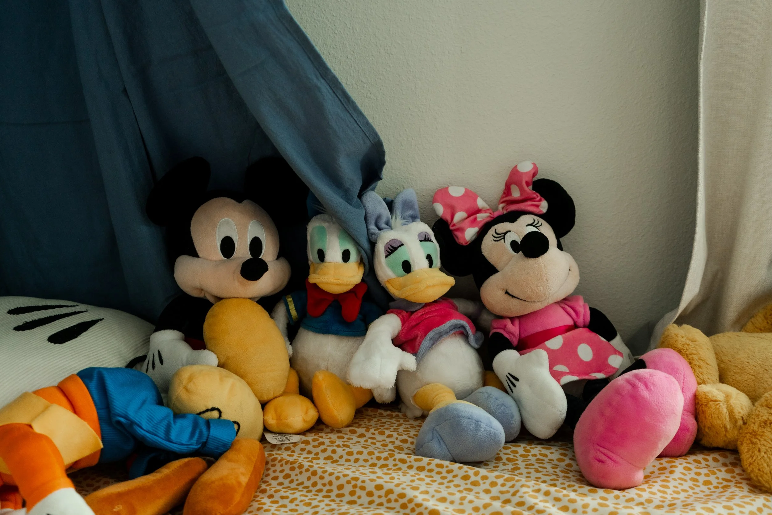 Collection of Disney plush toys including Mickey Mouse, Donald Duck, Daisy Duck, and Minnie Mouse on a bed with a polka dot bedspread, near a curtain and a wall.