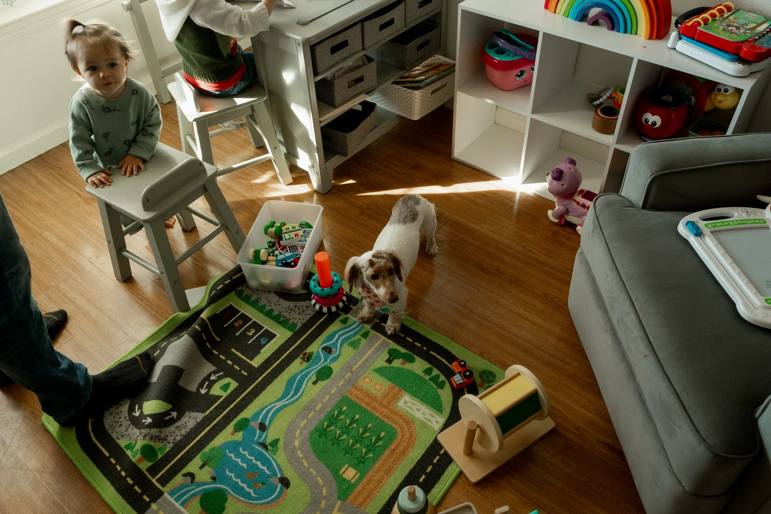 A toddler girl with light brown hair in pigtails, wearing a green sweater, standing next to a small grey chair in a playroom. There is a white dog standing on a colorful playmat with roads and fields, surrounded by various toys, including a plastic b
