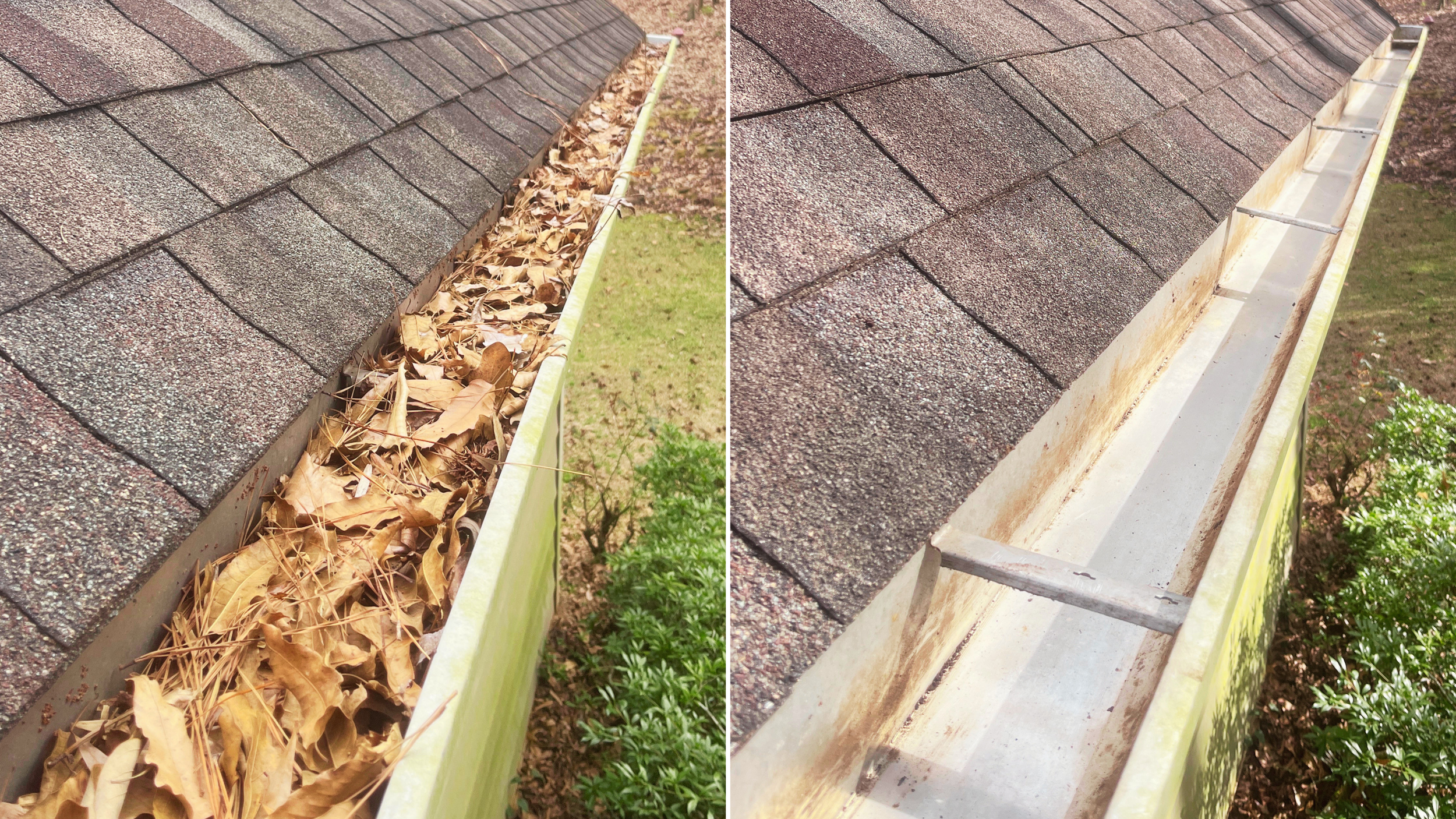Comparison of a house gutter before and after cleaning. The left side shows gutter filled with dead leaves, while the right side shows a clean gutter after removal of debris.