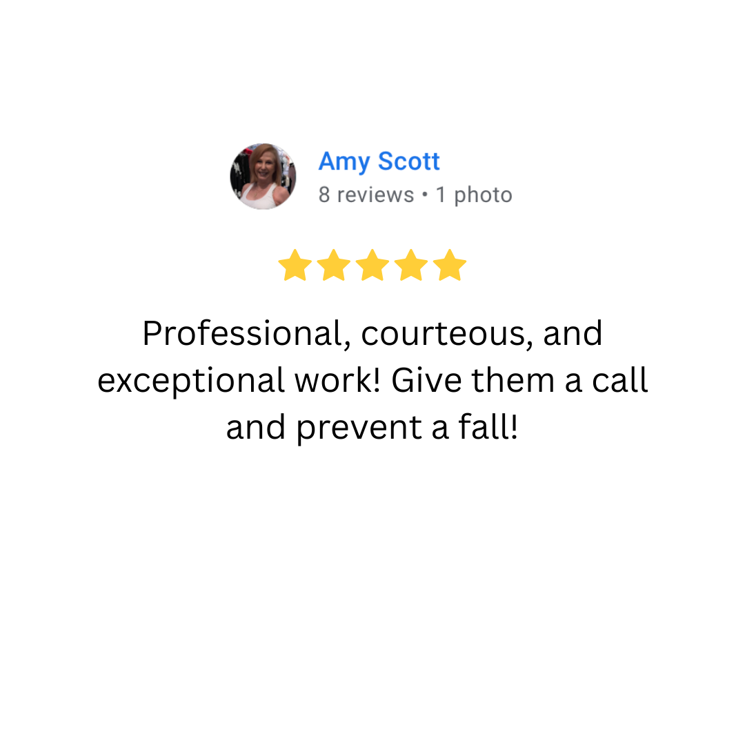 Five star review with a profile picture of a woman named Amy Scott, highlighting a positive customer review for professional, courteous, and exceptional work.