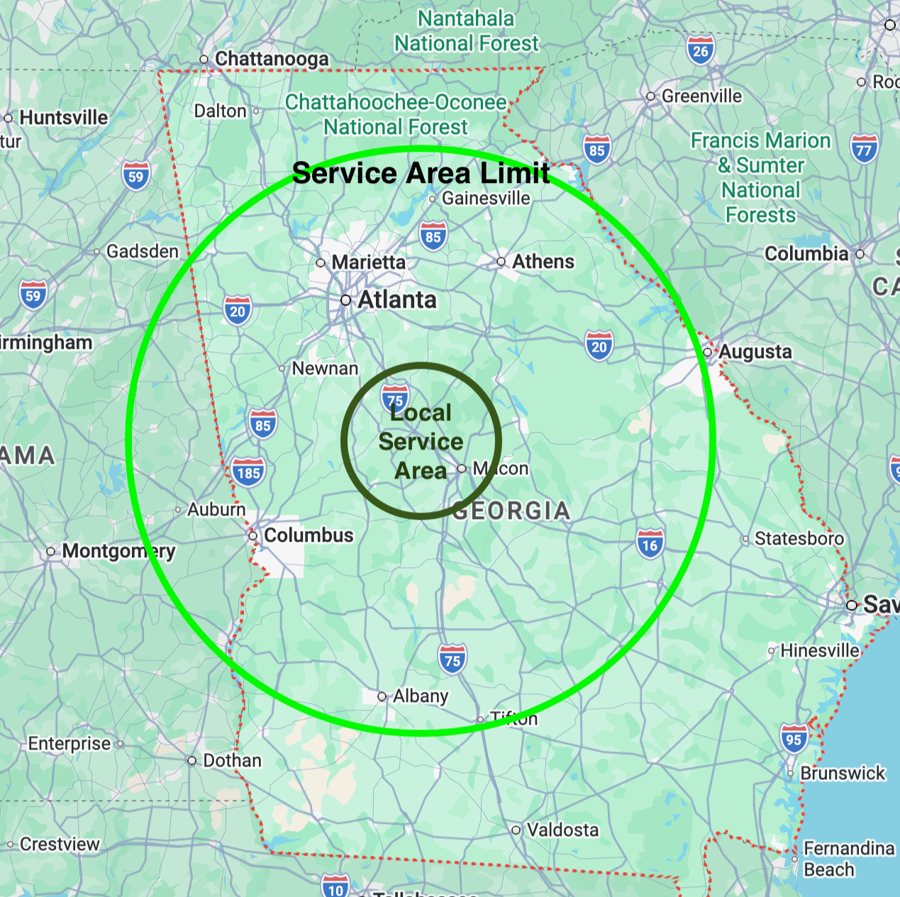 Map of Georgia and surrounding states showing a local service area within a smaller circle and a larger service area limit circle, with major cities like Atlanta, Augusta, and Columbus marked, and major highways depicted.