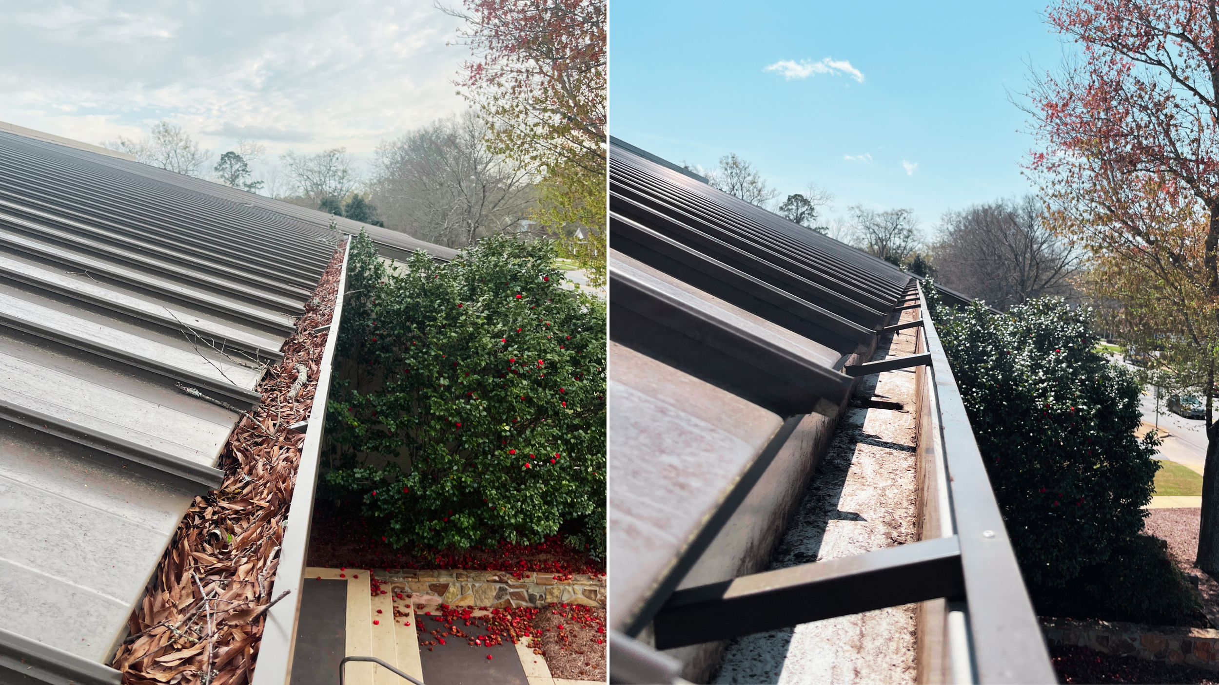 Side-by-side comparison of a roof gutter filled with autumn leaves and debris on the left, and a clean, clear gutter on the right with a blue sky and trees in the background.
