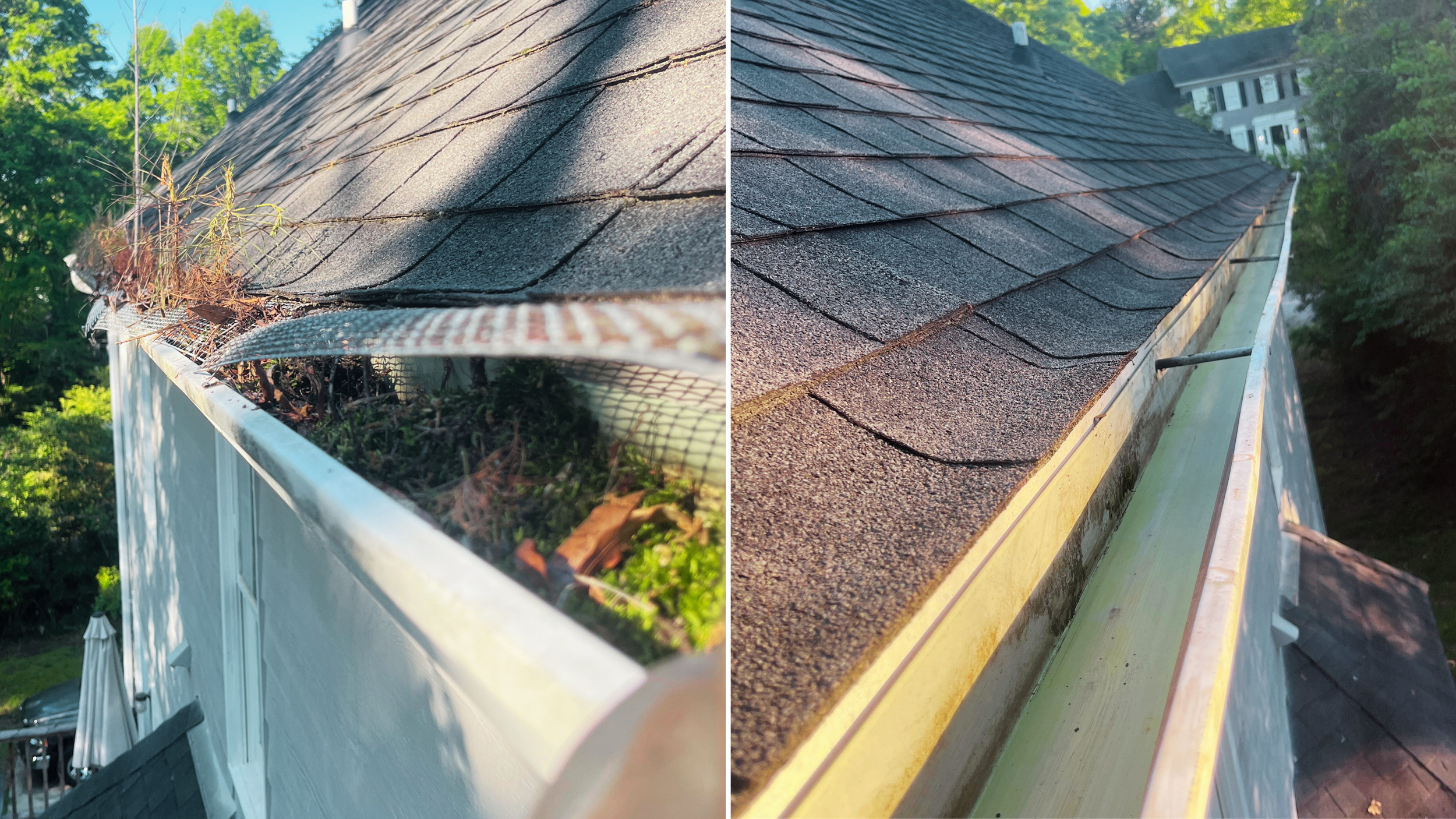 Comparison of two sections of a house's asphalt shingle roof, showing weathered and newer shingles with surrounding trees.