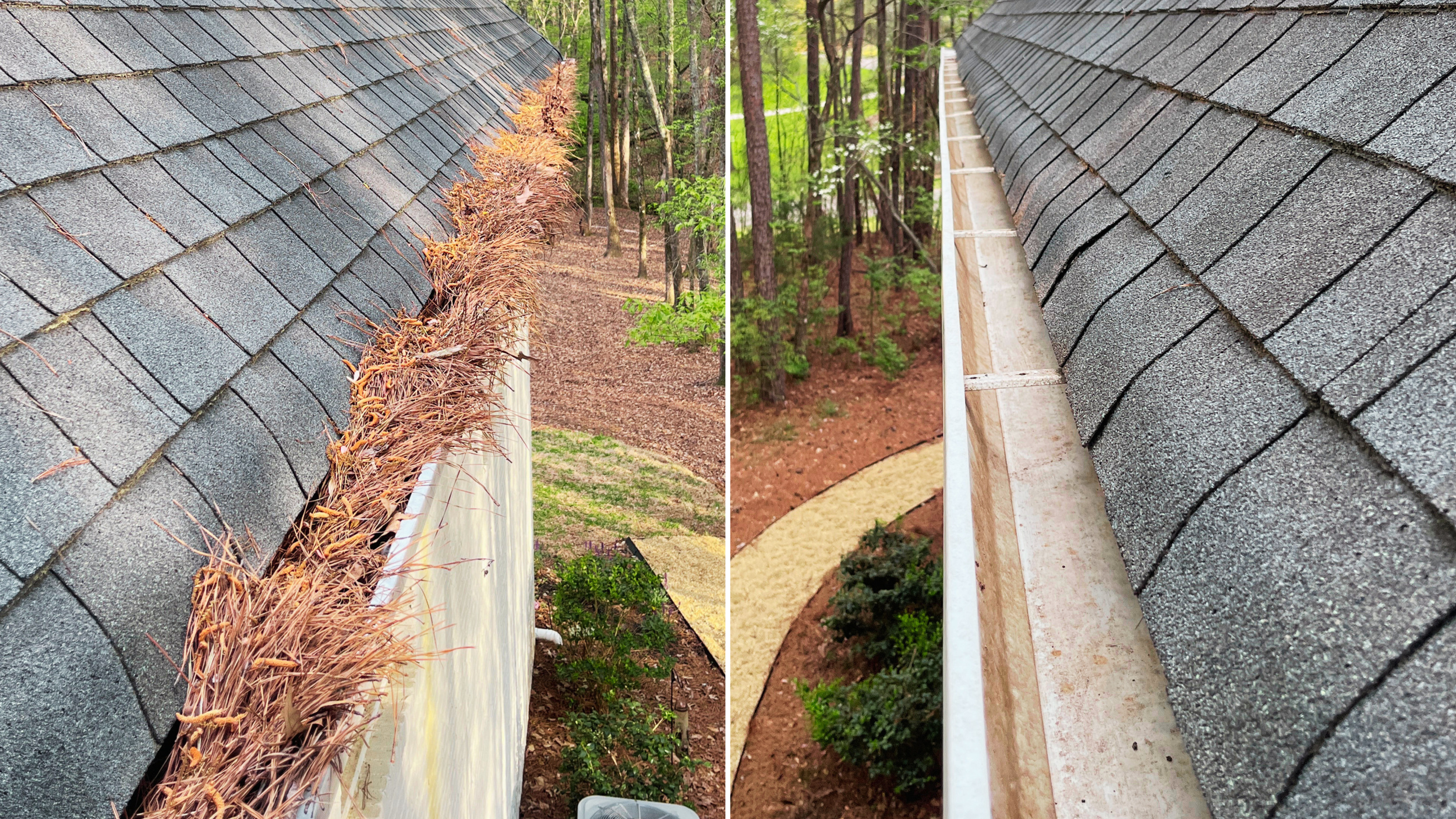 Side-by-side comparison of two roof shingle installations, one with a damaged and overgrown gutter on the left, and a clean, well-maintained gutter on the right, with a background of trees and a backyard.