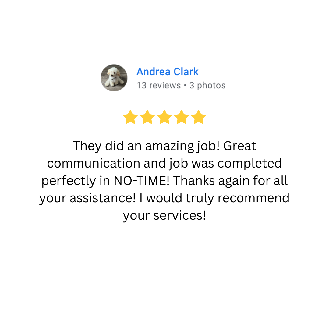Customer review for a service, showing a profile picture of a small, fluffy white dog, the name Andrea Clark, a five-star rating, and positive feedback about the service being completed perfectly and on time.