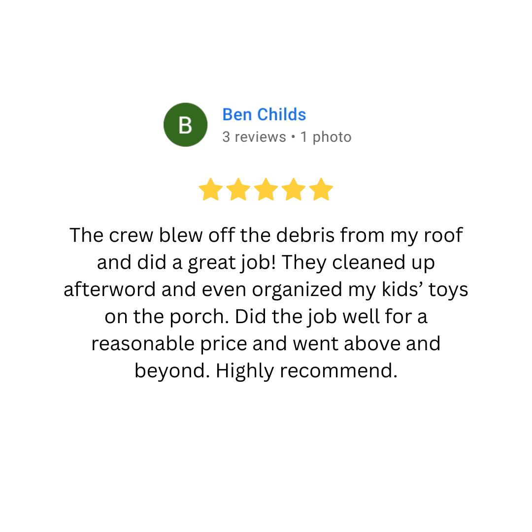 Screenshot of a business review for Ben Childs, showing a five-star rating, profile picture as a green circle with a 'B', review text praising debris removal and cleanup services.