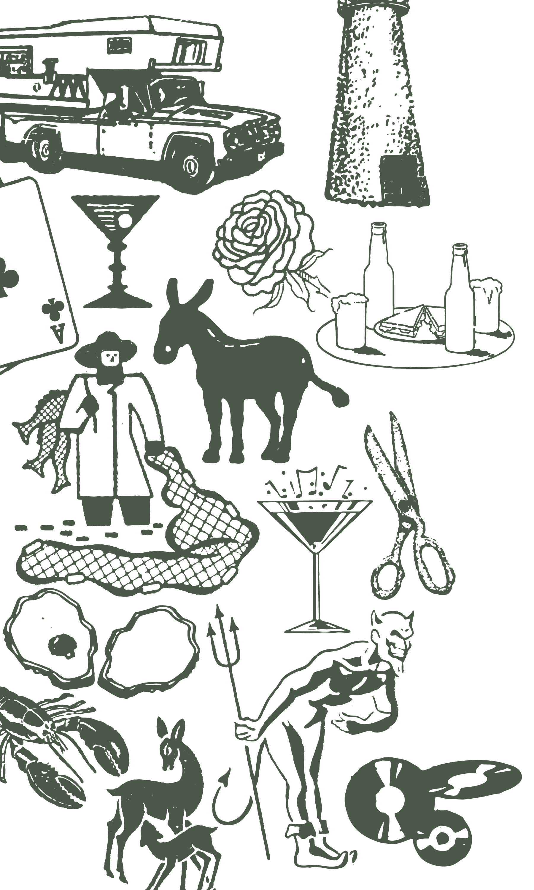 A collection of various illustrations including a vintage van, a lighthouse, a rose, bottles, a drink with a straw, an rabbit, a cat, scissors, a tarot card, a snake, a devil, a drinking glass, and a monster.