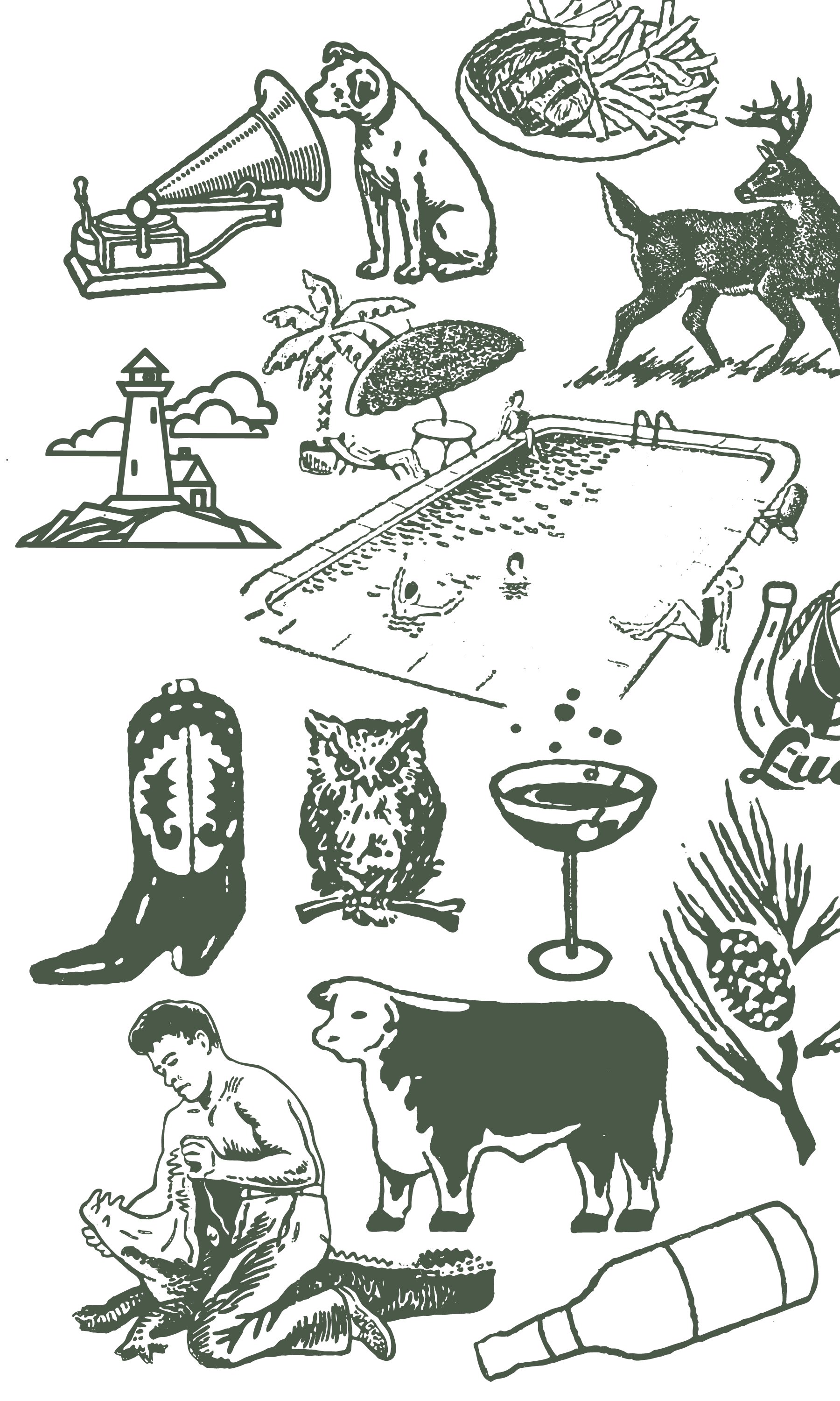 Collection of hand-drawn illustrations of various American leisure and lifestyle scenes, including a dog listening to a gramophone, a plate with food, a wolf, a lighthouse, a person relaxing under an umbrella, a swimmer, an owl, a martini glass, a carrot, and other miscellaneous items.