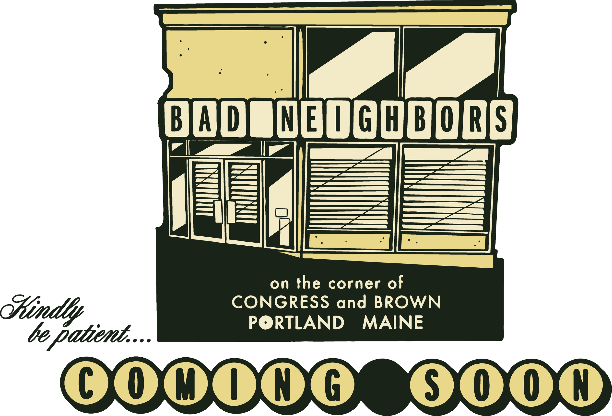 A vintage-style sign for a bar, featuring a building with large windows and text indicating the shop's location at the corner of Congress and Brown in Portland, Maine.