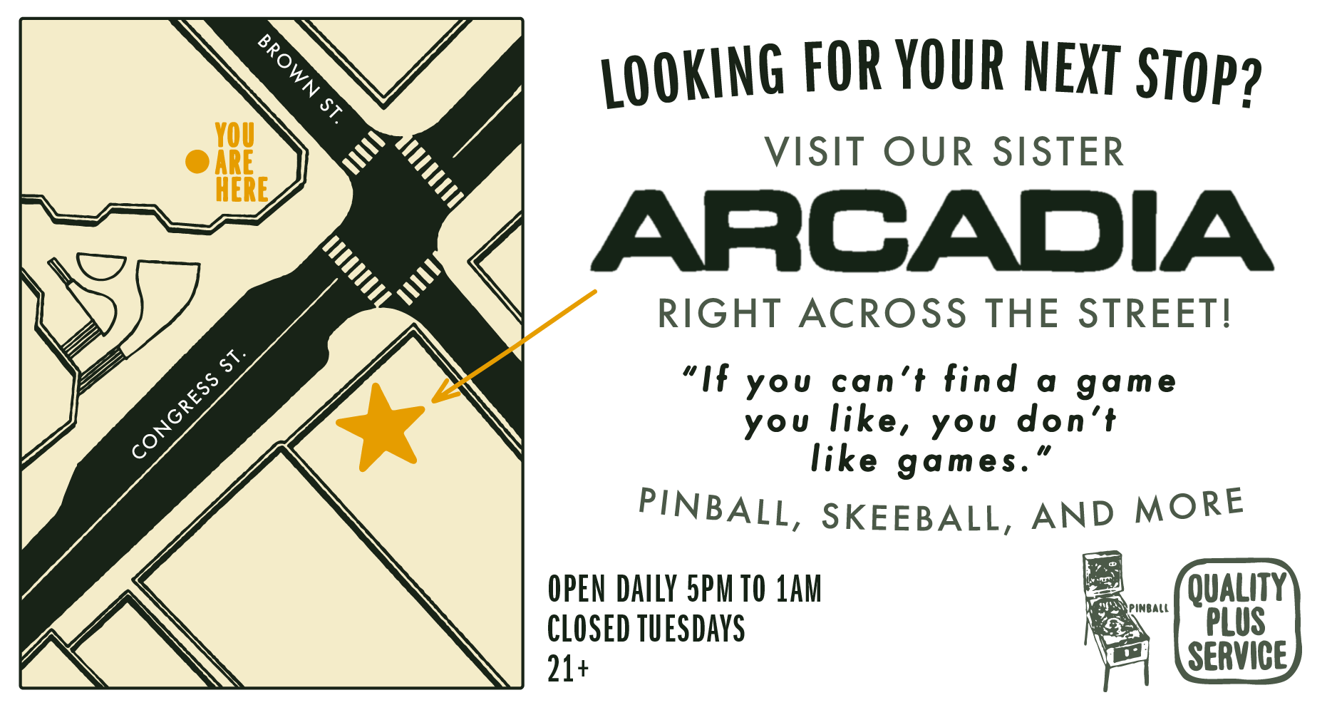 Map showing the location of Arcade on Congress Street, with a star indicating the specific spot. The map features streets labeled Brown St., Congress St., and a crosswalk at Brown St. The text encourages visitors to check out the arcade adjacent to the street and mentions activities like pinball, skee-ball, and more. It also states that the arcade is open daily from 5 PM to 1 AM, closed on Tuesdays, and requires visitors to be 21 or older.
