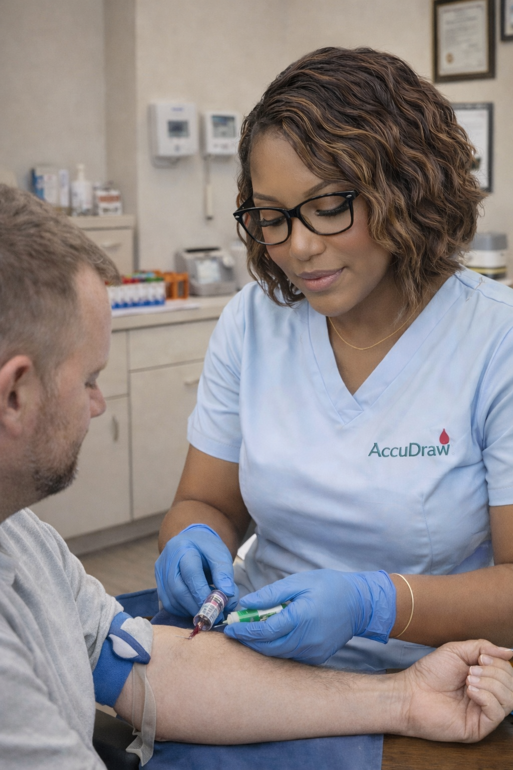 A healthcare professional drawing blood from a male patient in a medical office, both wearing gloves.