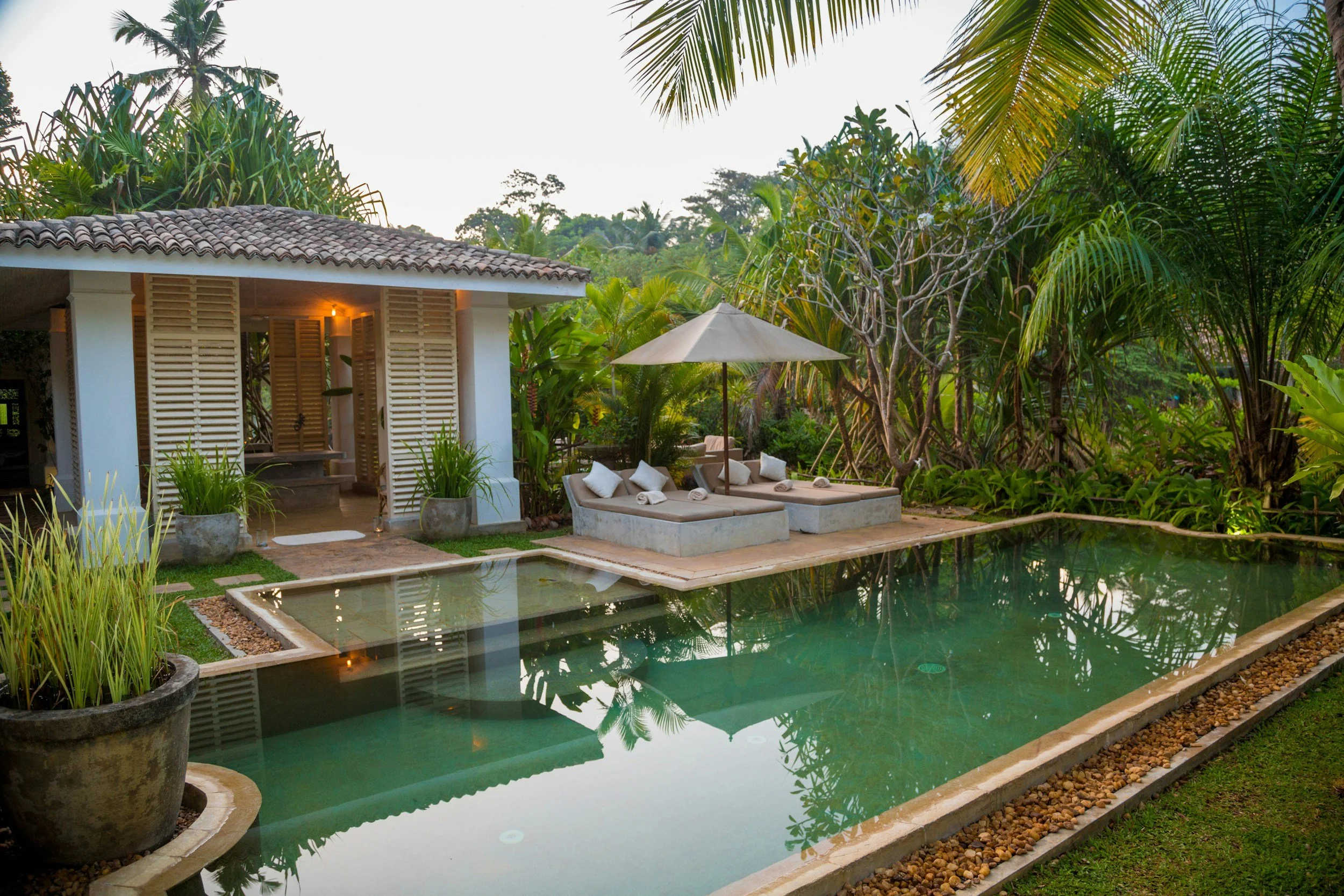 A tropical outdoor space with a modern pool in the foreground, a small patio area with lounge chairs and an umbrella, lush green trees and plants, and a small house with a tiled roof and open shutters in the background.