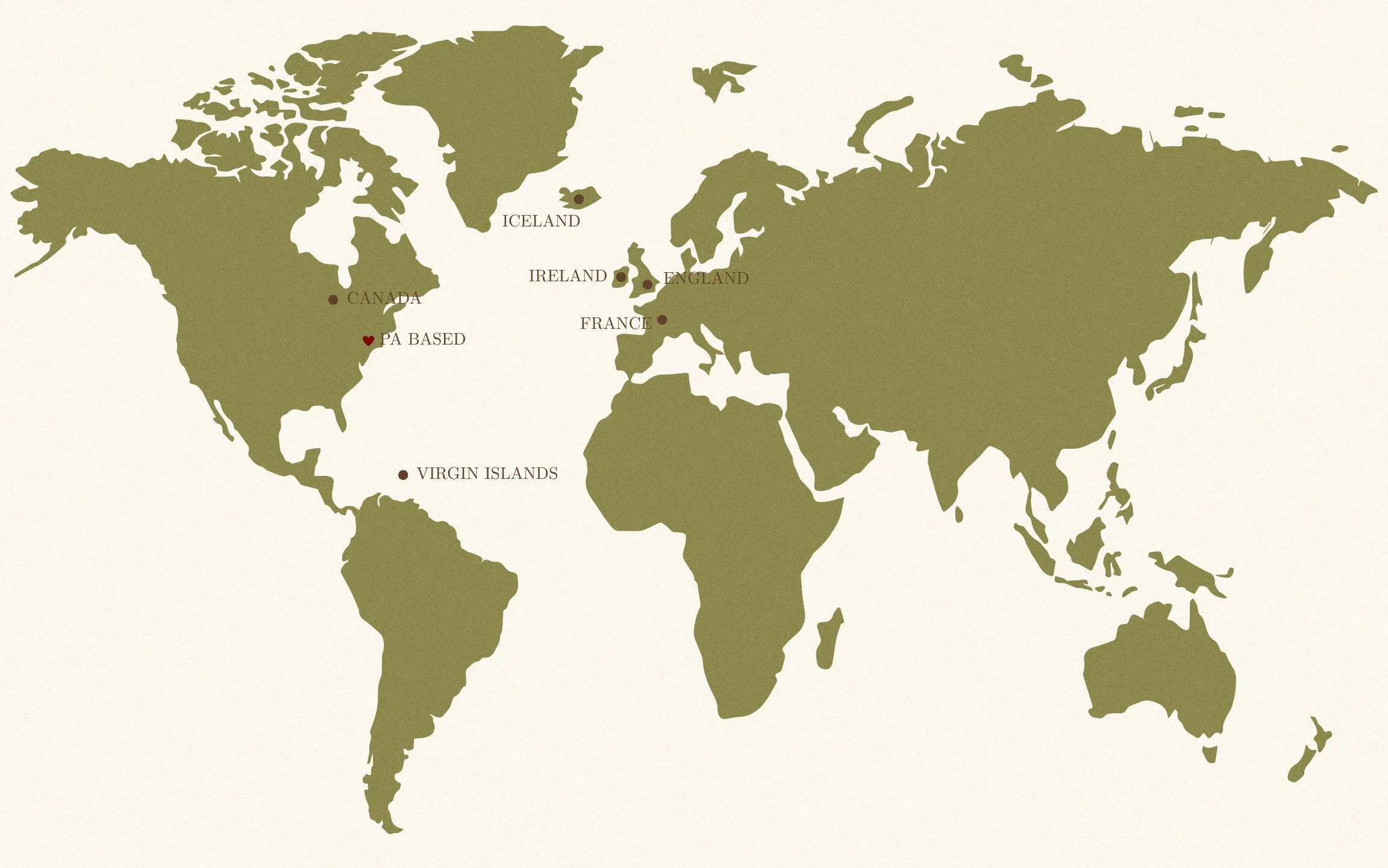 World map that shows where the PA based photographer and videographer has traveled, including Canada, the Virgin Islands, Iceland, Ireland, France, and England.
