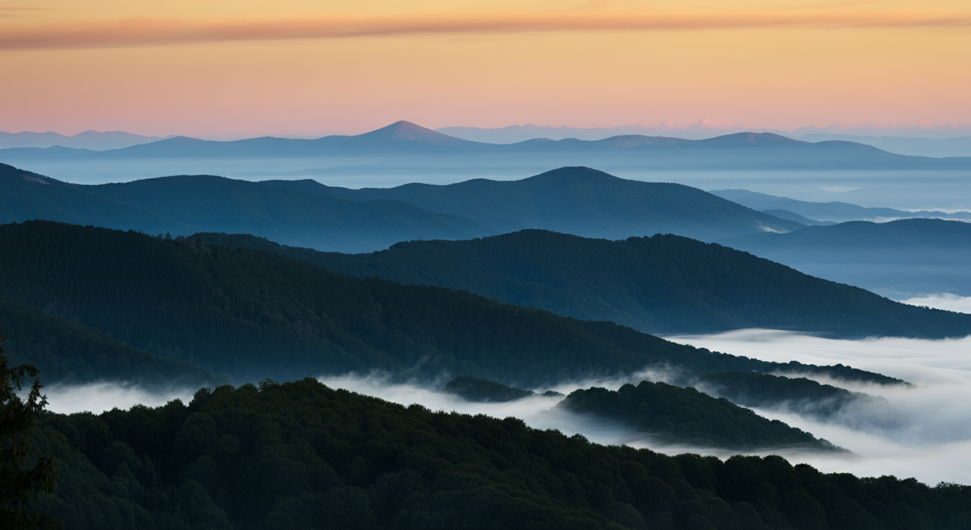Sunrise over multiple mountain ridges with fog settling in the valleys.