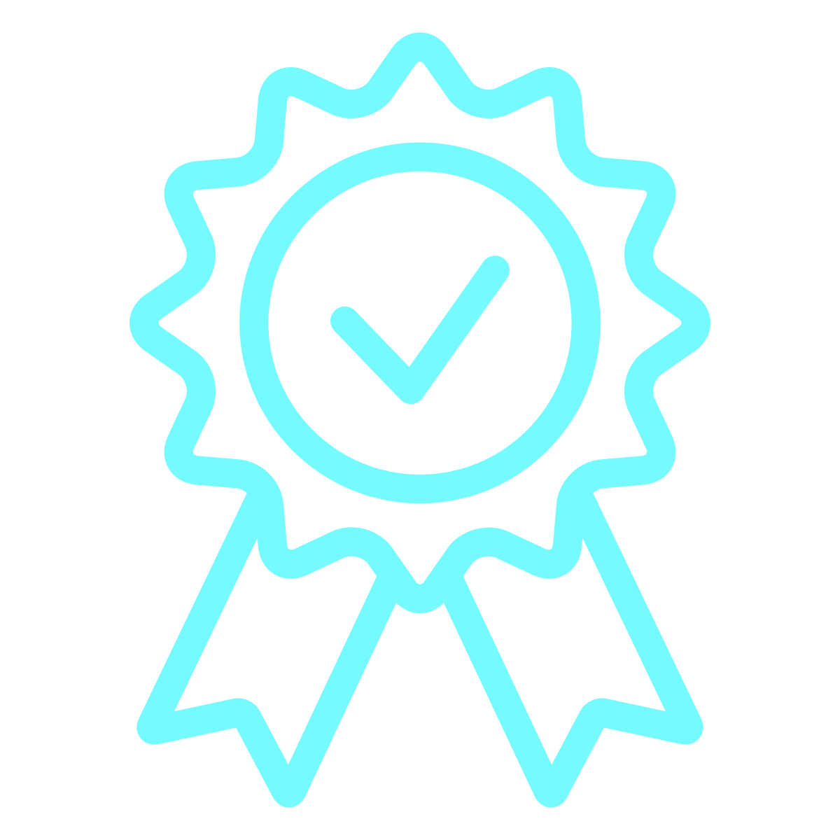Light blue outline of a medal with a checkmark in the center, indicating certification or quality.