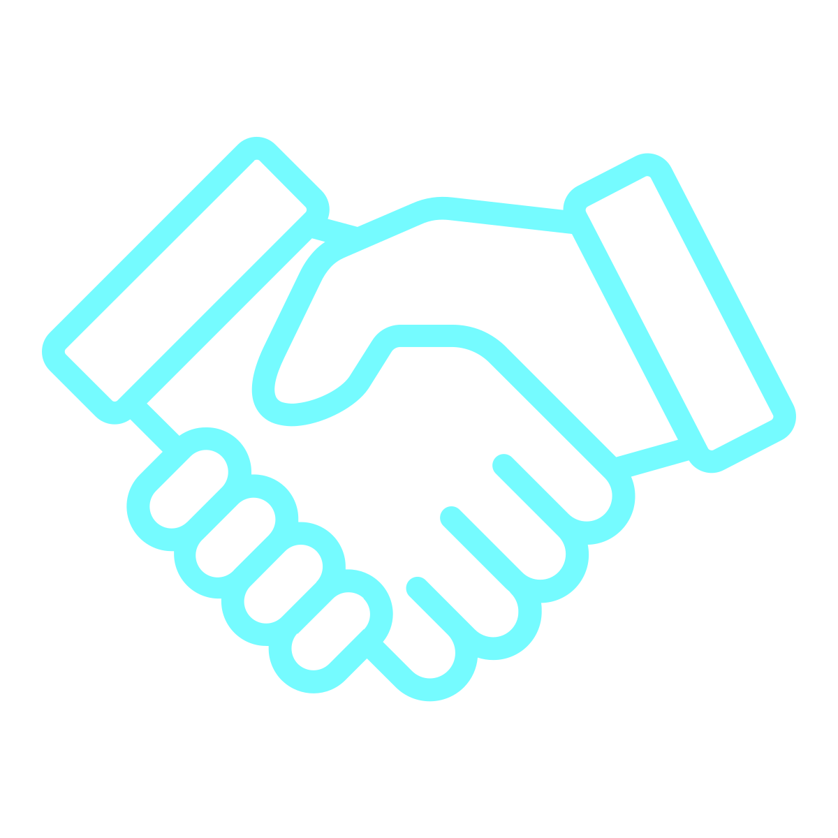 Glowing blue neon outline of a handshake on a black background.