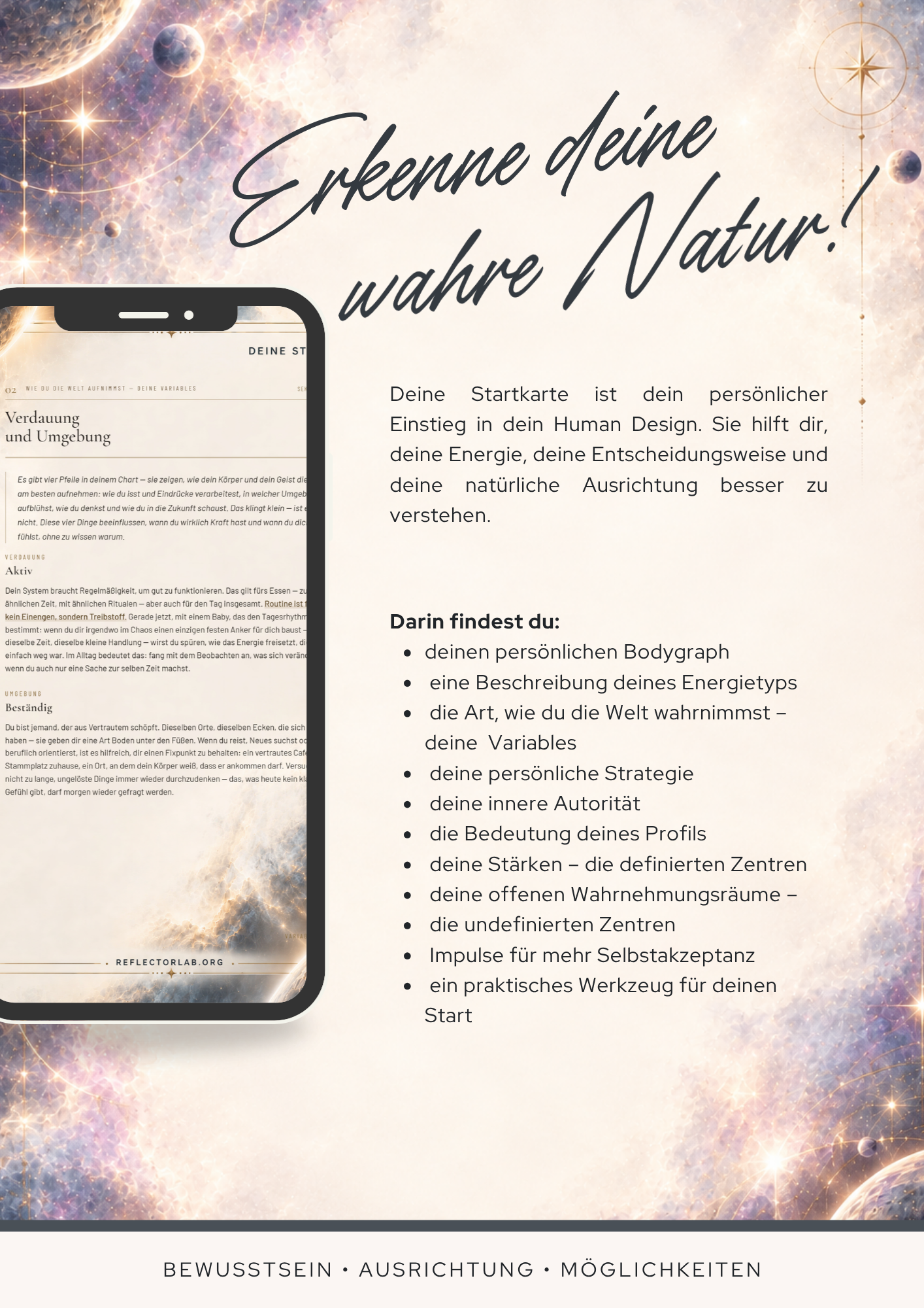 A promotional flyer with a cosmic background featuring planets and stars. The flyer advertises a concept of discovering your true nature through personal energy and self-awareness, mentioning a personal body graph, energy type, and inner authority. The main title in large cursive reads "Erkenne deine wahre Natur!" and additional details are listed below.