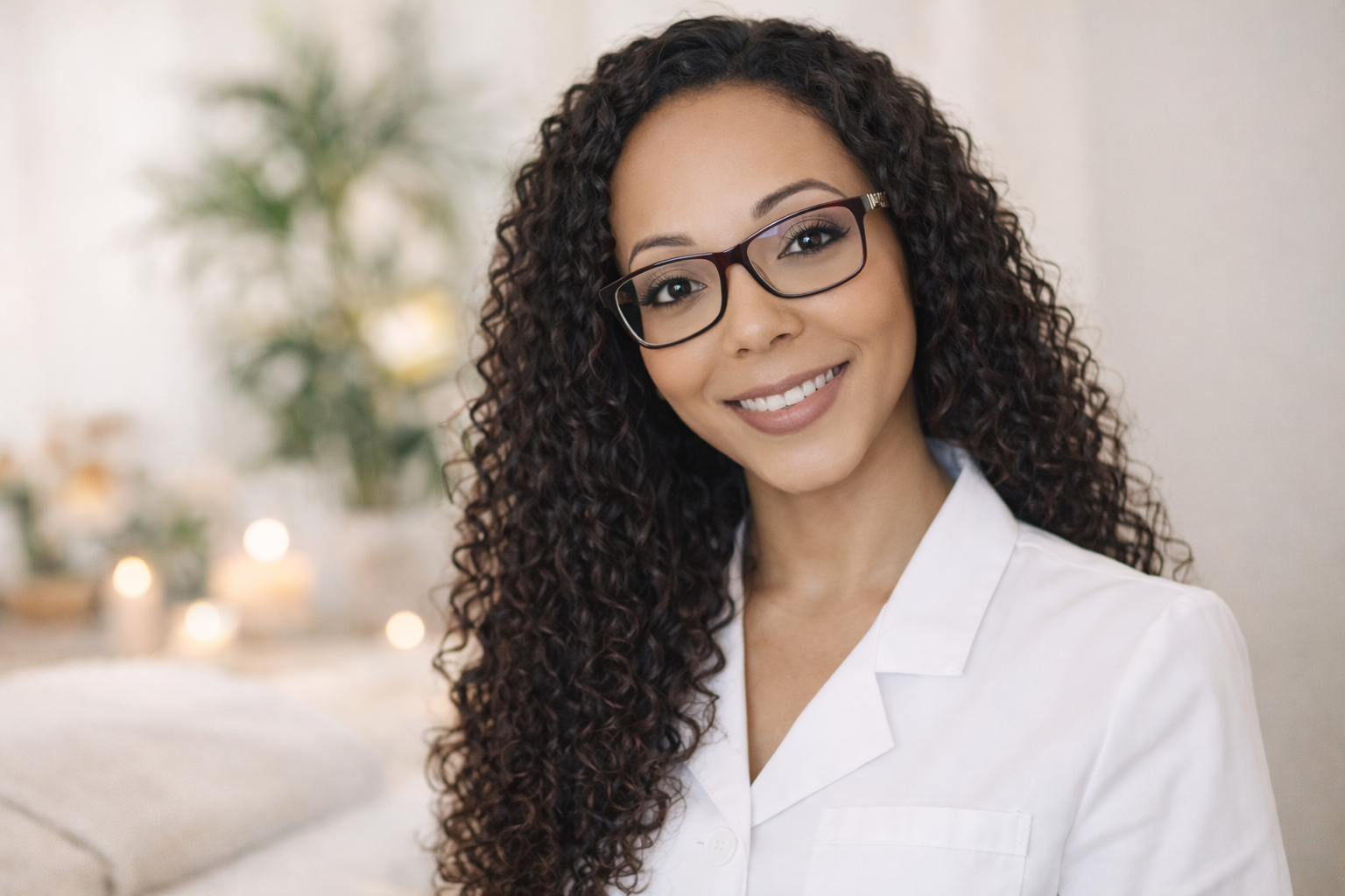 Eine Frau mit lockigem Haar und Brille, die in einem weißen Kittel lächelnd sitzt, im Hintergrund sind Kerzen und Pflanzen zu sehen.