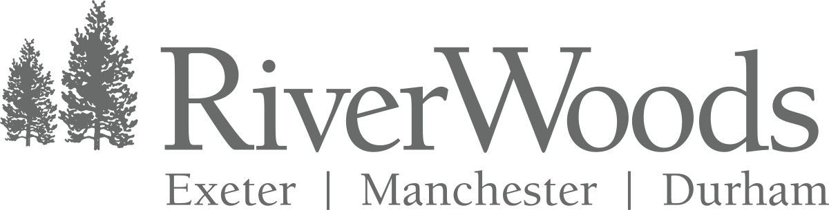 Logo for RiverWoods featuring three pine trees and the locations Exeter, Manchester, and Durham.