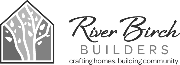 Logo for River Birch Builders featuring a stylized white birch tree inside a house shape with the text 'River Birch Builders' and a tagline 'crafting homes, building community'.