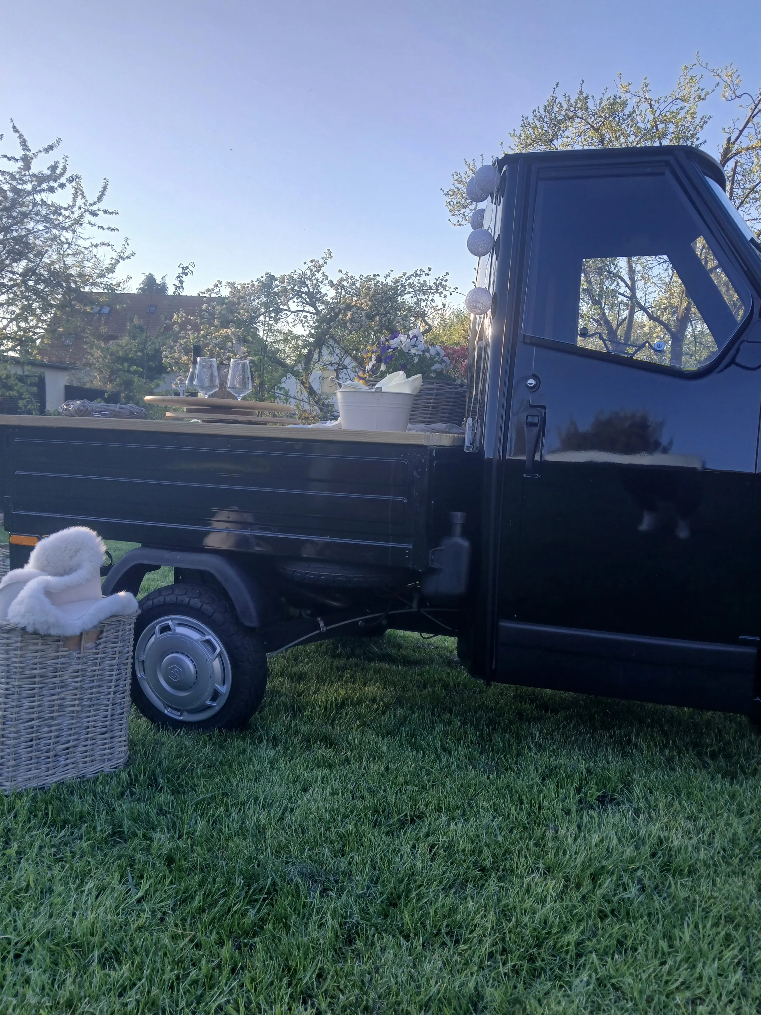 Ein schwarzer Lieferwagen mit dekorativen Lichtern an der Seite, auf einem grünen Rasen bei Sonnenuntergang. Im Vordergrund befindet sich ein Korb mit weißen Stofftieren, daneben ein weißer Eimer mit bunten Blumen und zwei leere Weingläser auf einer 