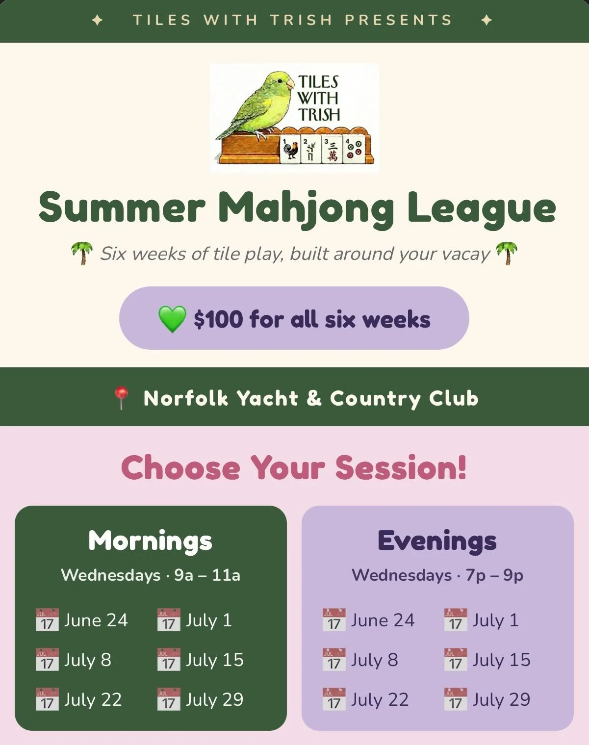 There&rsquo;s a seat at the table with your name on it. This summer I&rsquo;m hosting a six-week American style mahjong league with raffle prizes at every session, flexible scheduling, and a gorgeous tile set waiting for the point leader at the end. 