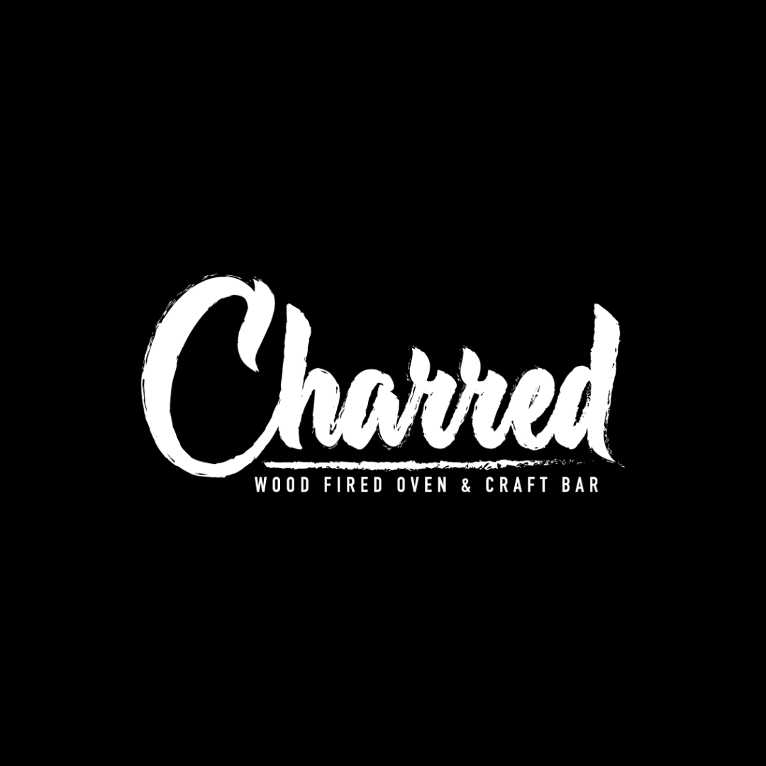 Logo for Charried, a wood-fired oven and craft bar, on a black background with white text.