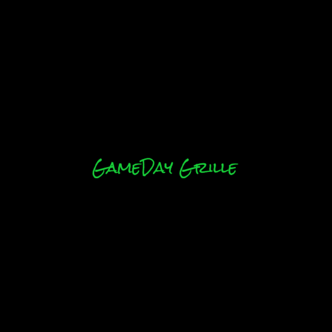 Black digital screen with green neon text reading 'GameDay Grille'.