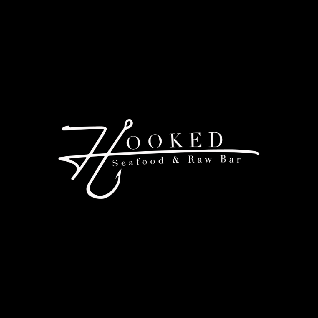 Logo for Hooked Seafood & Raw Bar with the business name in stylized white text on a black background.